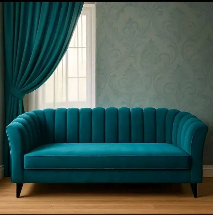 Teal channel-tufted sofa